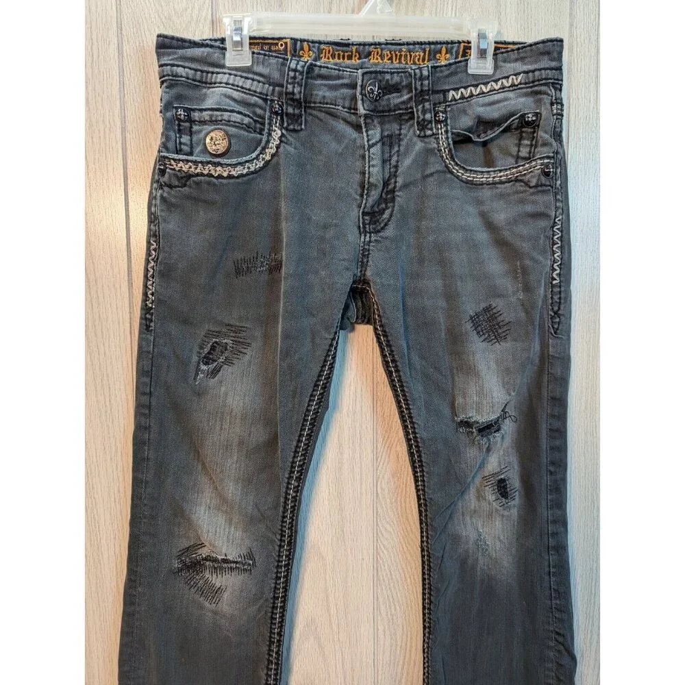 Rock Revival Jeans Mens 33 Gray Denim Finn Slim Boot Distressed READ 34x29